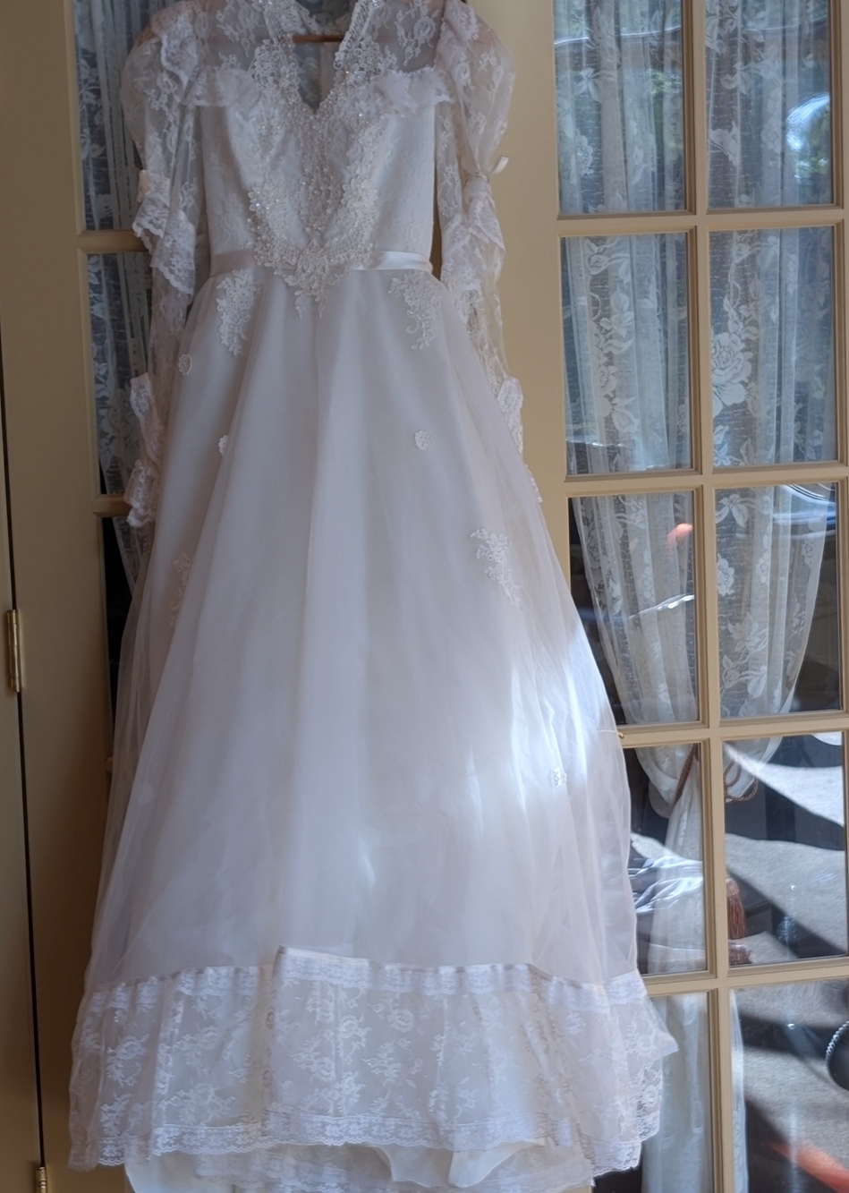 Vintage Wedding Gown With Tags.  White Lace Overlay With Queen Anne's Neckline